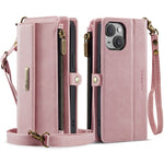 CASEME For iPhone 15 Case C39 RFID Blocking Zipper Wallet Stand Leather Cover with Strap