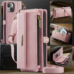 CASEME For iPhone 15 Case C39 RFID Blocking Zipper Wallet Stand Leather Cover with Strap