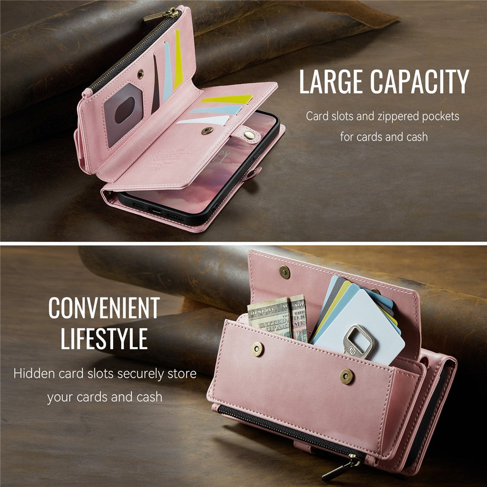 CASEME For iPhone 15 Case C39 RFID Blocking Zipper Wallet Stand Leather Cover with Strap
