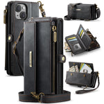 CASEME For iPhone 15 Case C39 RFID Blocking Zipper Wallet Stand Leather Cover with Strap