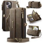 CASEME For iPhone 15 Case C39 RFID Blocking Zipper Wallet Stand Leather Cover with Strap
