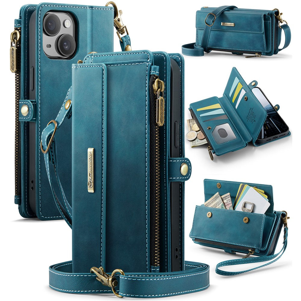 CASEME For iPhone 15 Case C39 RFID Blocking Zipper Wallet Stand Leather Cover with Strap