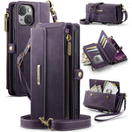 CASEME For iPhone 15 Case C39 RFID Blocking Zipper Wallet Stand Leather Cover with Strap