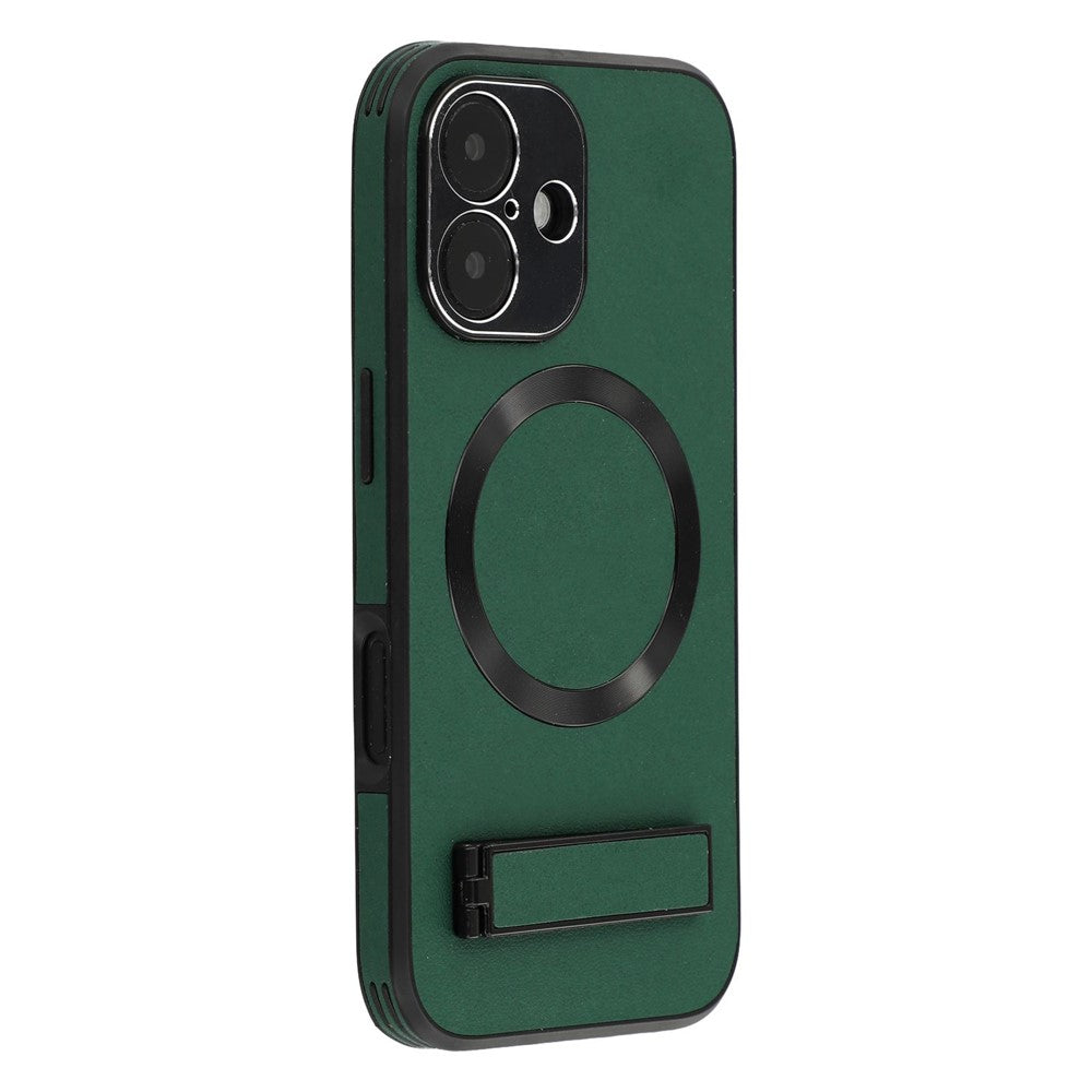 For iPhone 16 Kickstand Case Compatible with MagSafe PC + TPU + PU Phone Back Cover