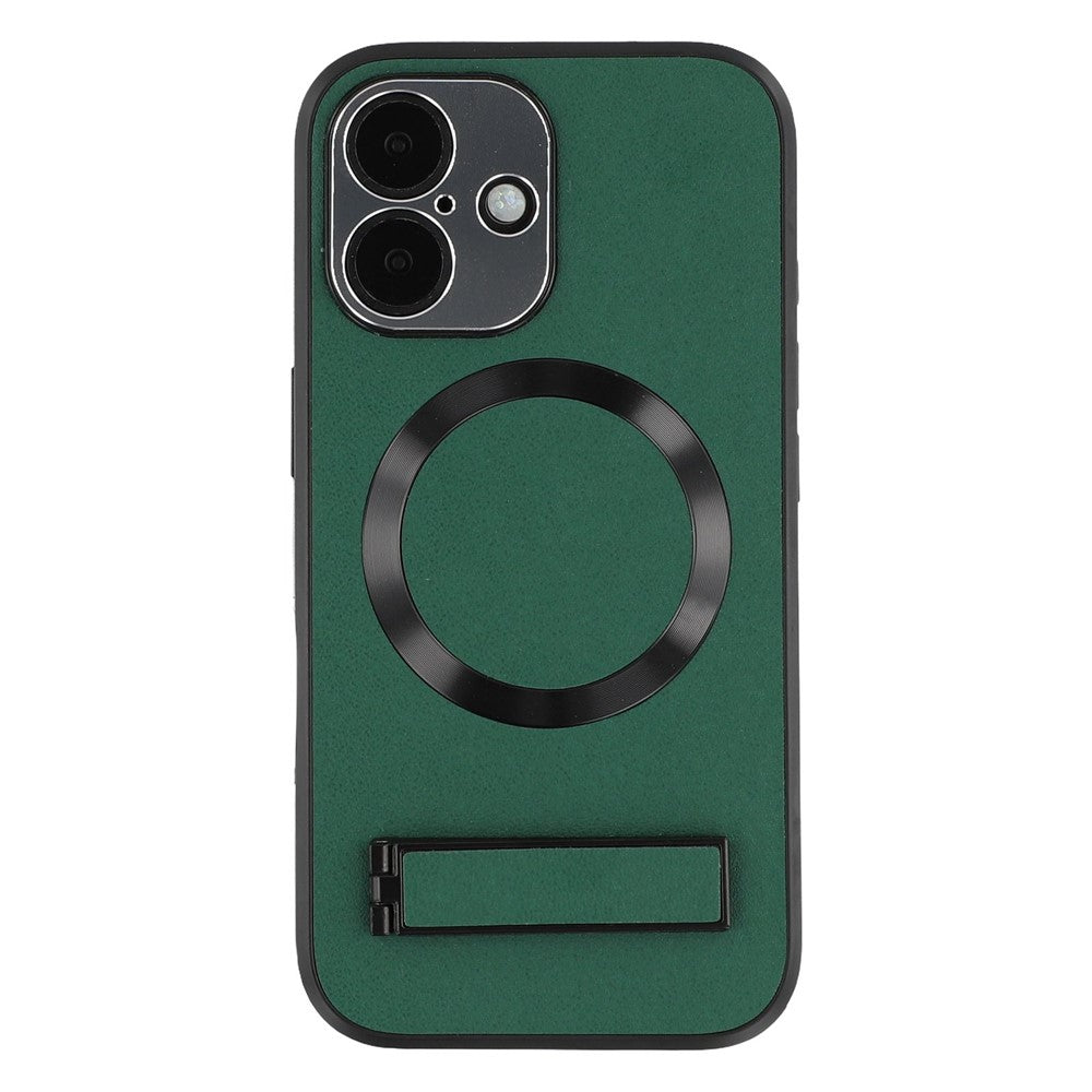 For iPhone 16 Kickstand Case Compatible with MagSafe PC + TPU + PU Phone Back Cover