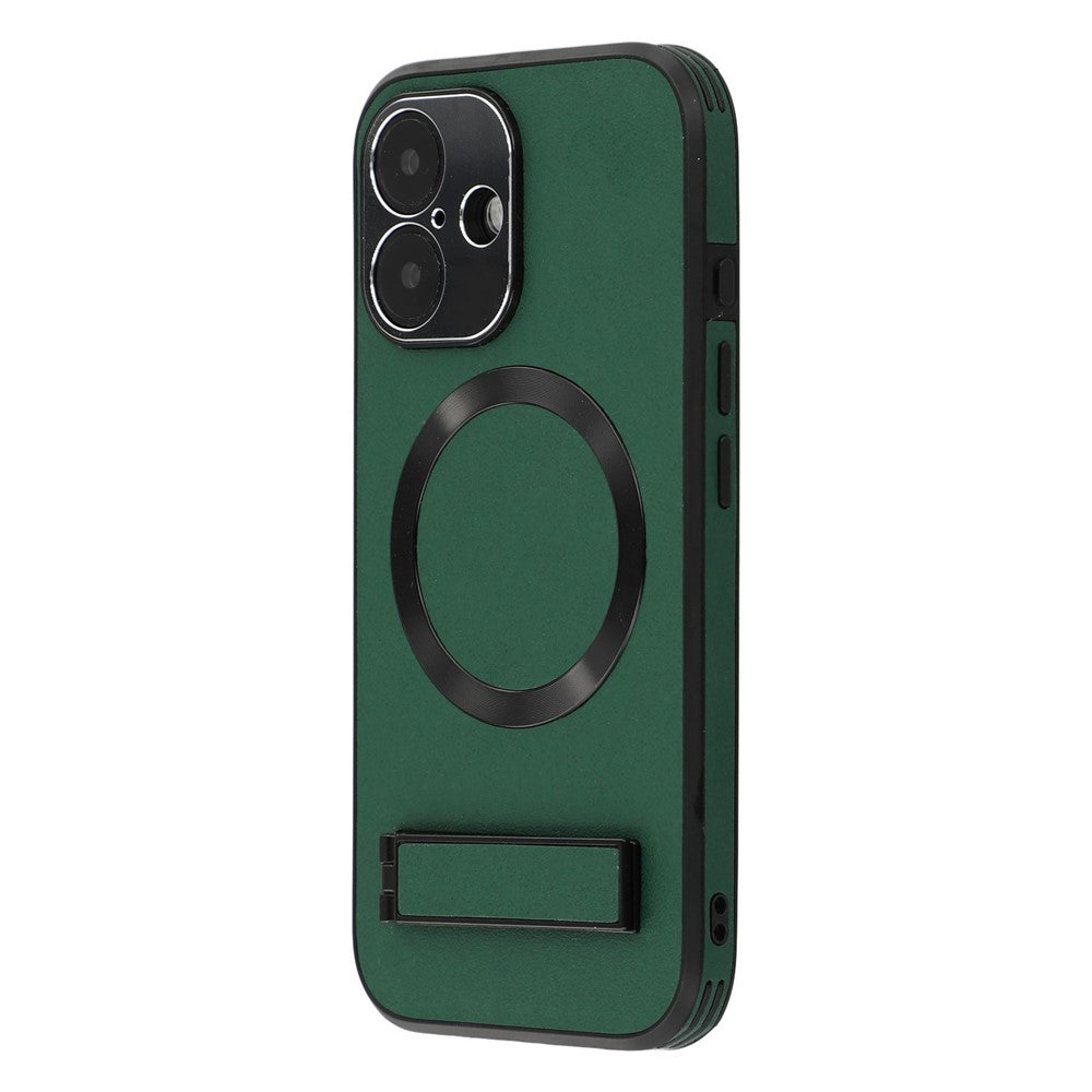 For iPhone 16 Kickstand Case Compatible with MagSafe PC + TPU + PU Phone Back Cover