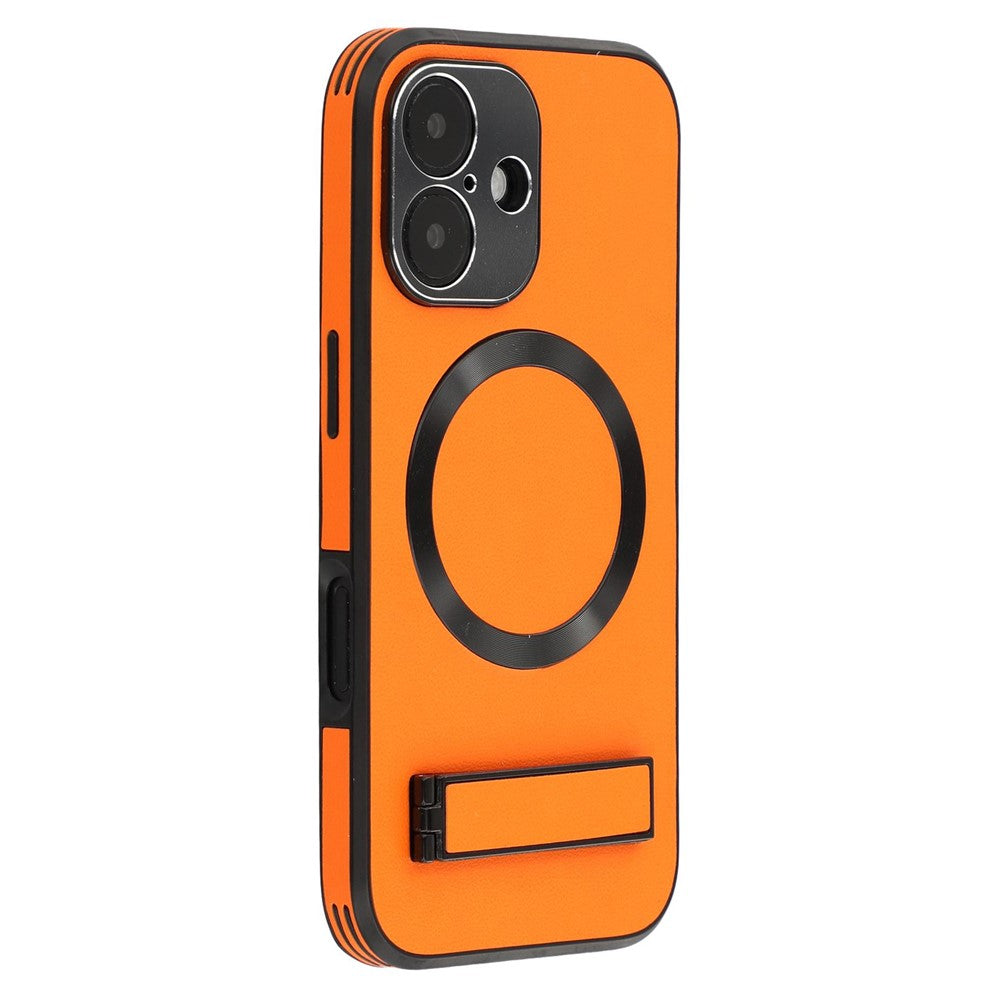 For iPhone 16 Kickstand Case Compatible with MagSafe PC + TPU + PU Phone Back Cover