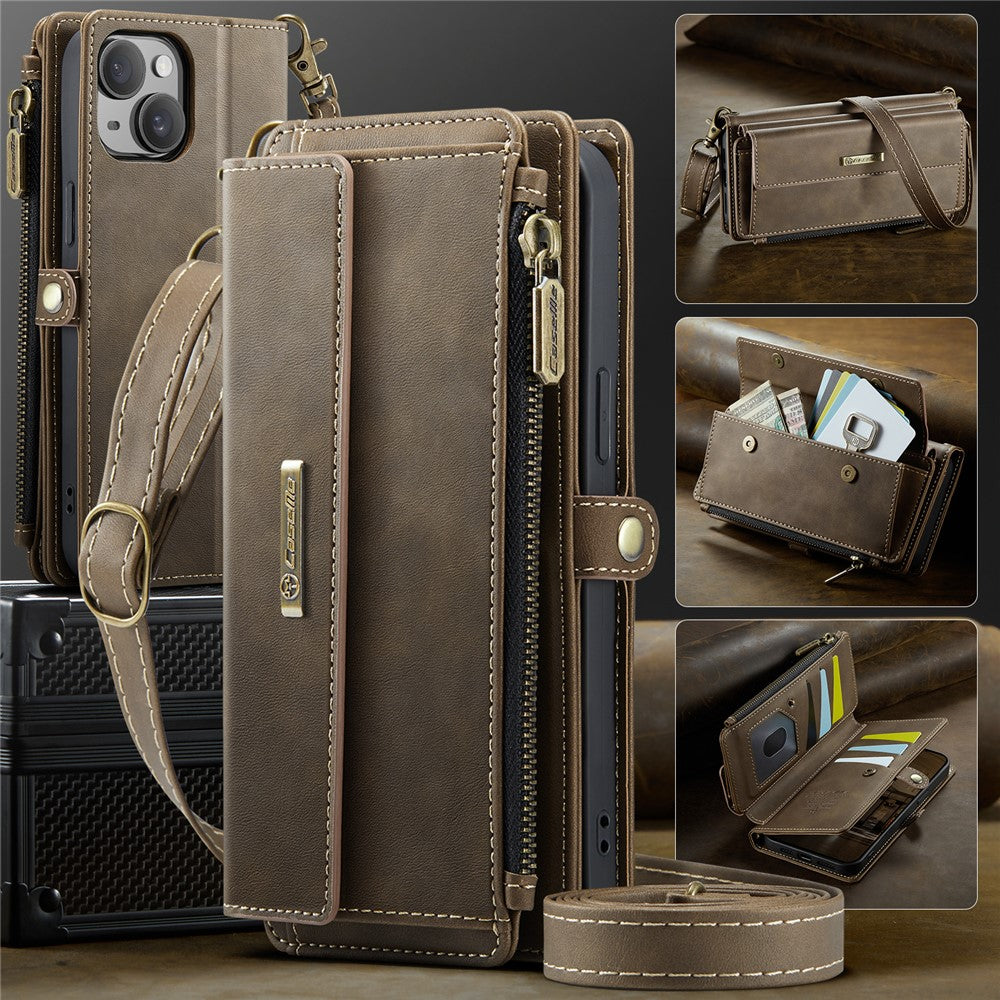 CASEME For iPhone 14 Plus Case C39 RFID Blocking Zipper Wallet Stand Leather Cover with Strap
