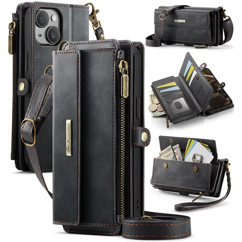 CASEME For iPhone 14 Plus Case C39 RFID Blocking Zipper Wallet Stand Leather Cover with Strap