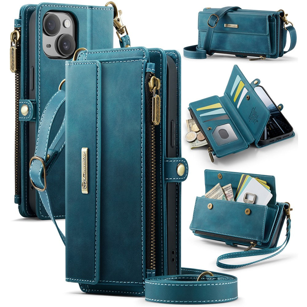 CASEME For iPhone 13 mini 5.4 inch Case  C39 RFID Blocking Zipper Wallet Stand Leather Cover with Strap