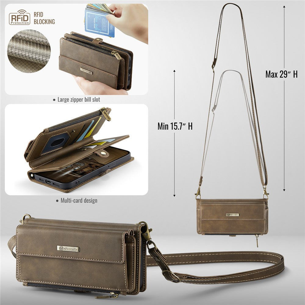 CASEME For iPhone 13 6.1 inch Case  C39 RFID Blocking Zipper Wallet Stand Leather Cover with Strap