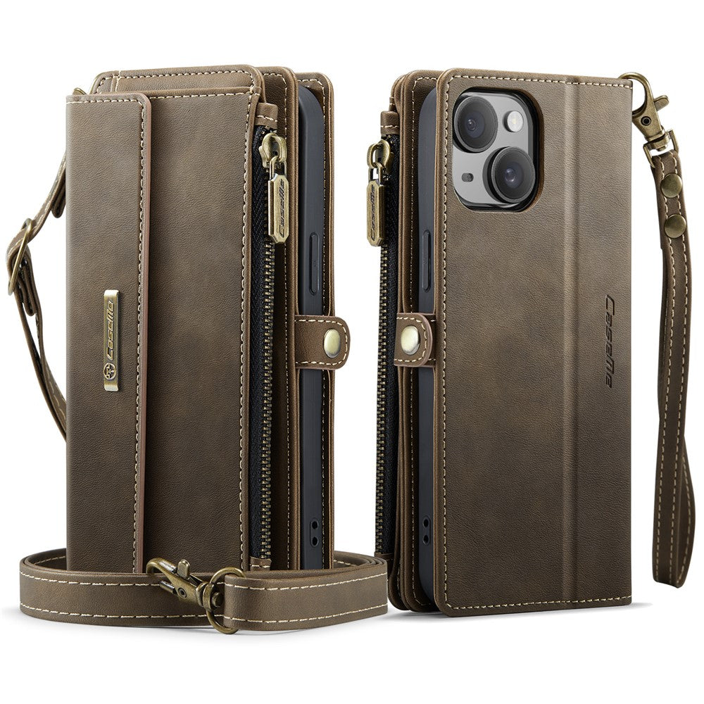 CASEME For iPhone 13 6.1 inch Case  C39 RFID Blocking Zipper Wallet Stand Leather Cover with Strap