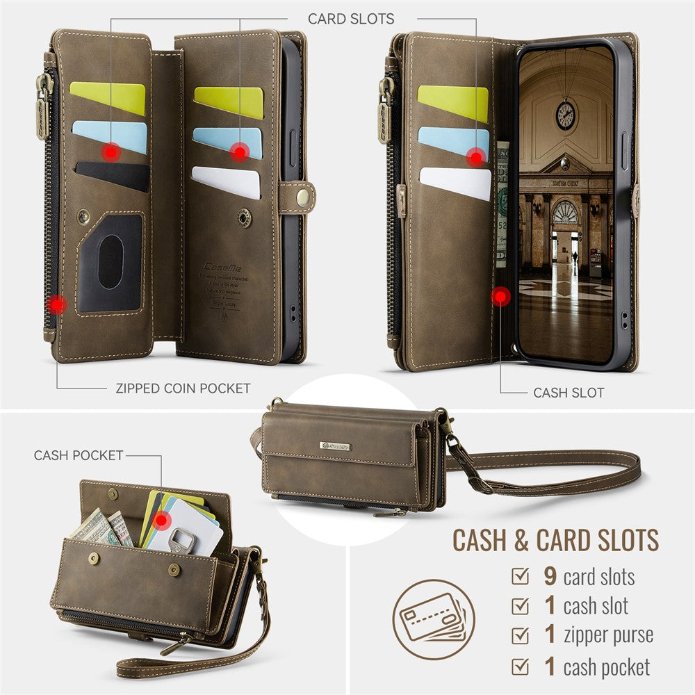 CASEME For iPhone 13 6.1 inch Case  C39 RFID Blocking Zipper Wallet Stand Leather Cover with Strap