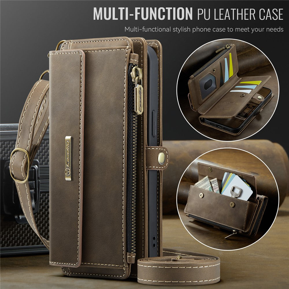 CASEME For iPhone 13 6.1 inch Case  C39 RFID Blocking Zipper Wallet Stand Leather Cover with Strap