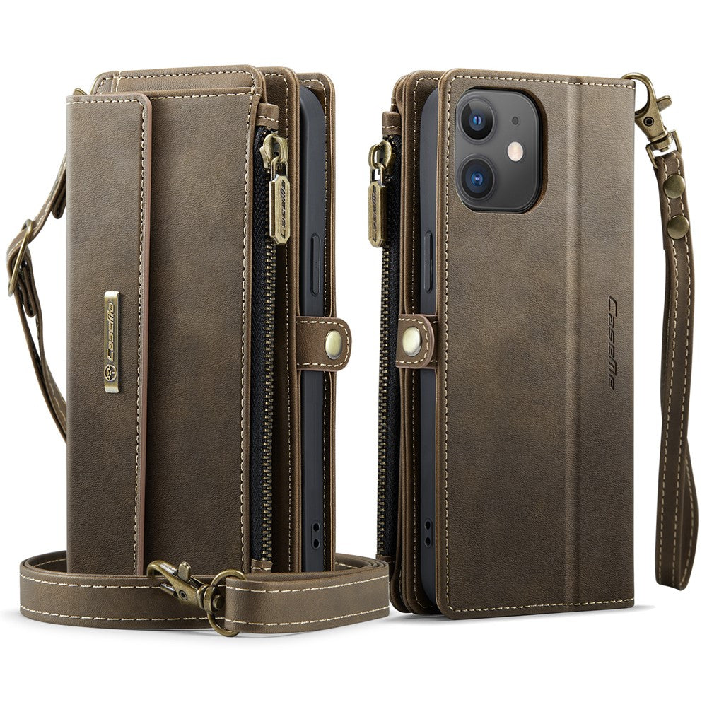 CASEME For iPhone 12 mini 5.4 inch Case  C39 RFID Blocking Zipper Wallet Stand Leather Cover with Strap