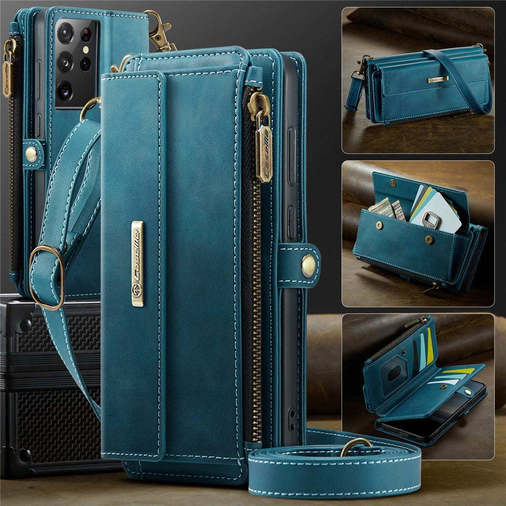CASEME For Samsung Galaxy S21 Ultra 5G Case  C39 RFID Blocking Zipper Wallet Stand Leather Cover with Strap