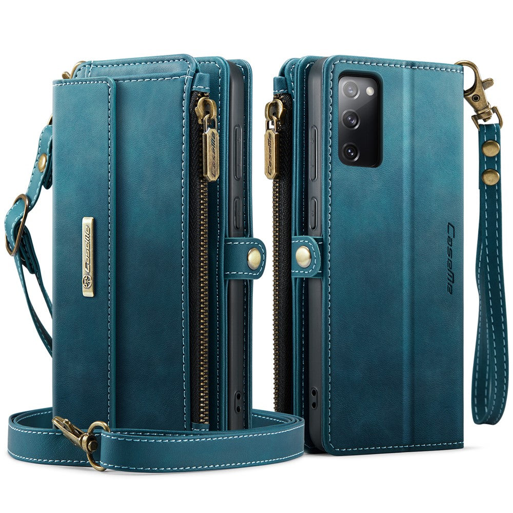 CASEME For Samsung Galaxy S20 FE Case C39 RFID Blocking Zipper Wallet Stand Leather Cover with Strap
