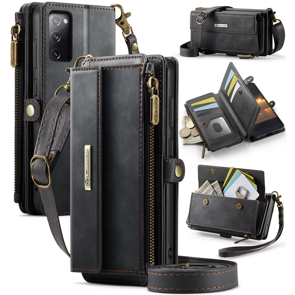 CASEME For Samsung Galaxy S20 FE Case C39 RFID Blocking Zipper Wallet Stand Leather Cover with Strap