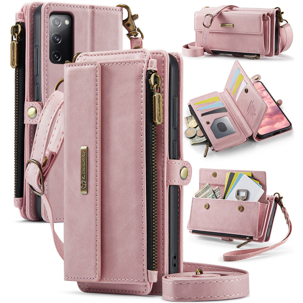 CASEME For Samsung Galaxy S20 FE Case C39 RFID Blocking Zipper Wallet Stand Leather Cover with Strap