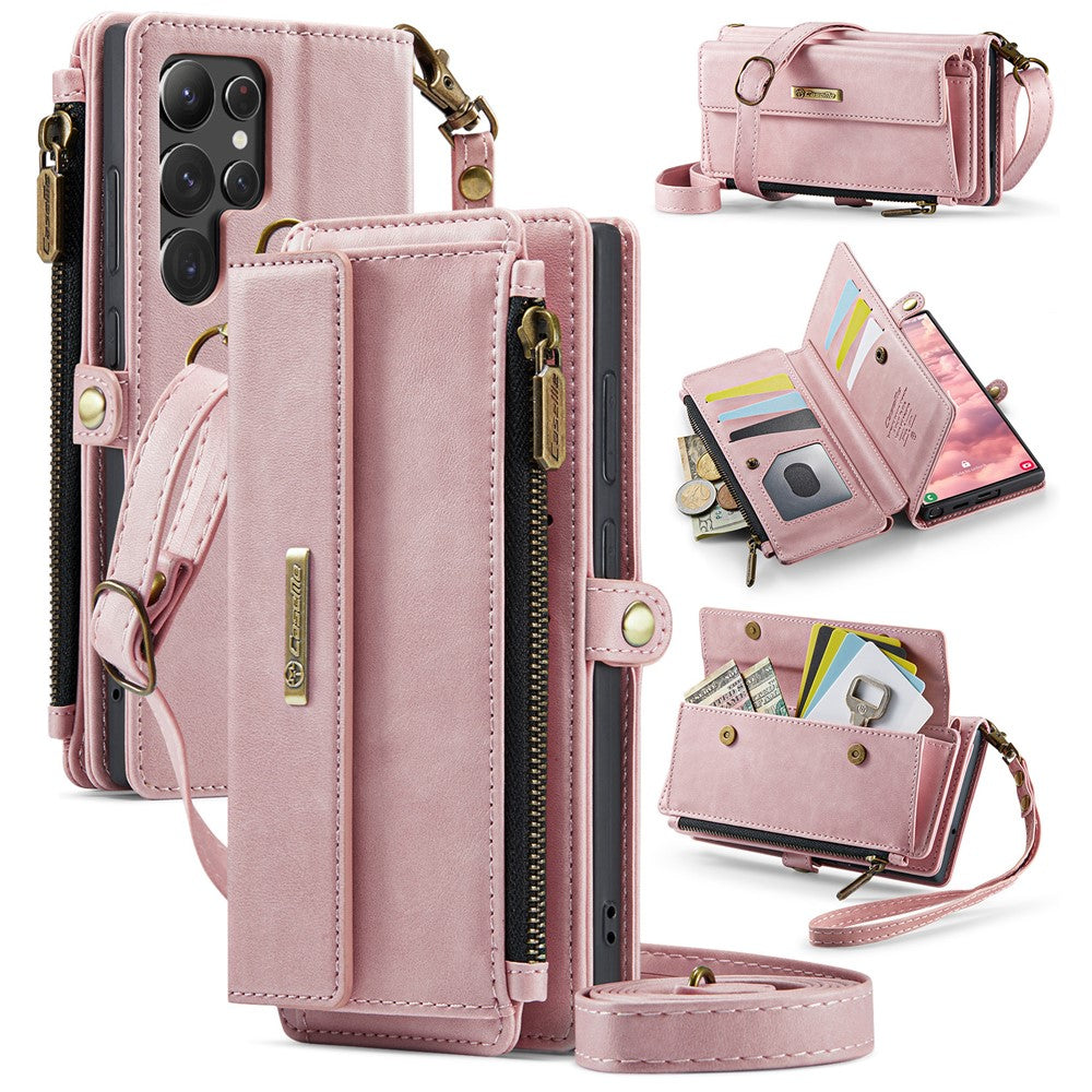 CASEME For Samsung Galaxy S22 Ultra 5G Case C39 RFID Blocking Zipper Wallet Stand Leather Cover with Strap