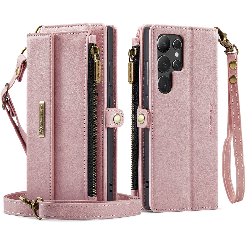 CASEME For Samsung Galaxy S22 Ultra 5G Case C39 RFID Blocking Zipper Wallet Stand Leather Cover with Strap