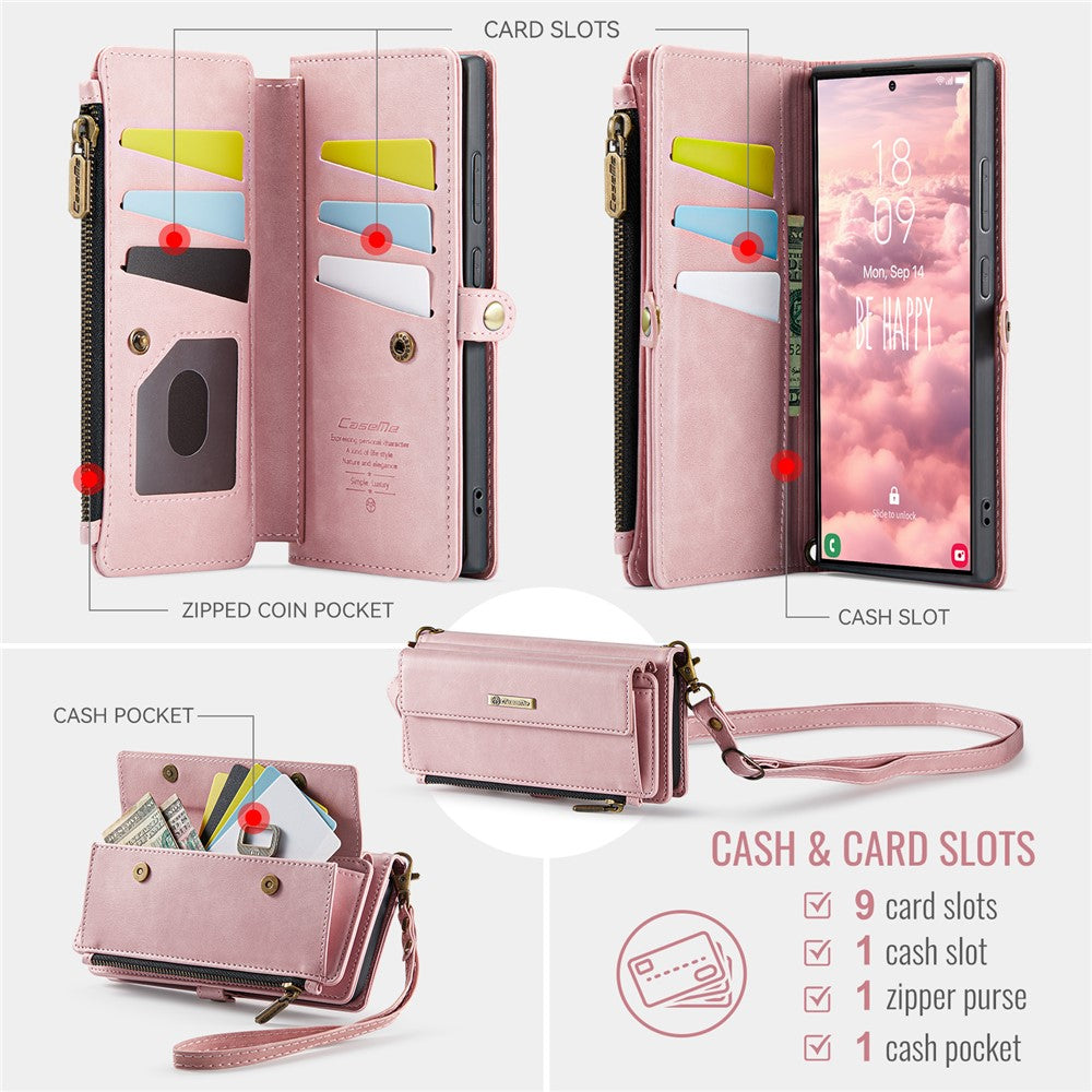 CASEME For Samsung Galaxy S22 Ultra 5G Case C39 RFID Blocking Zipper Wallet Stand Leather Cover with Strap