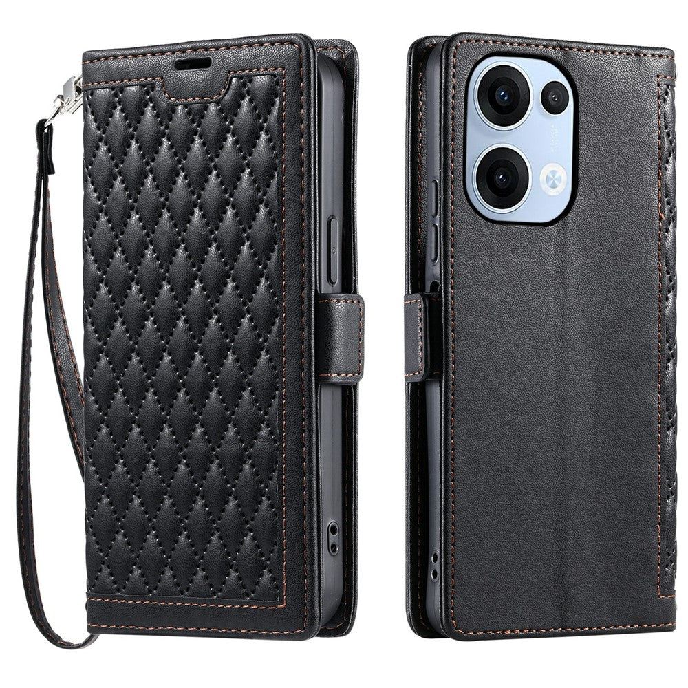 Oppo Reno13 5G (Global) Läderfodral Rhombus Texture Plånboksfodral med Stativ och Handledsrem