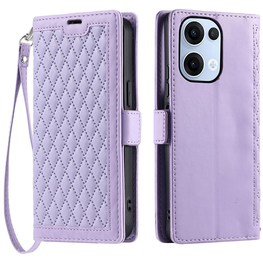 For Oppo Reno13 5G (Global) Leather Case Rhombus Texture Wallet Stand Phone Cover with Wrist Strap