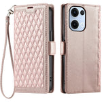 For Oppo Reno13 5G (Global) Leather Case Rhombus Texture Wallet Stand Phone Cover with Wrist Strap