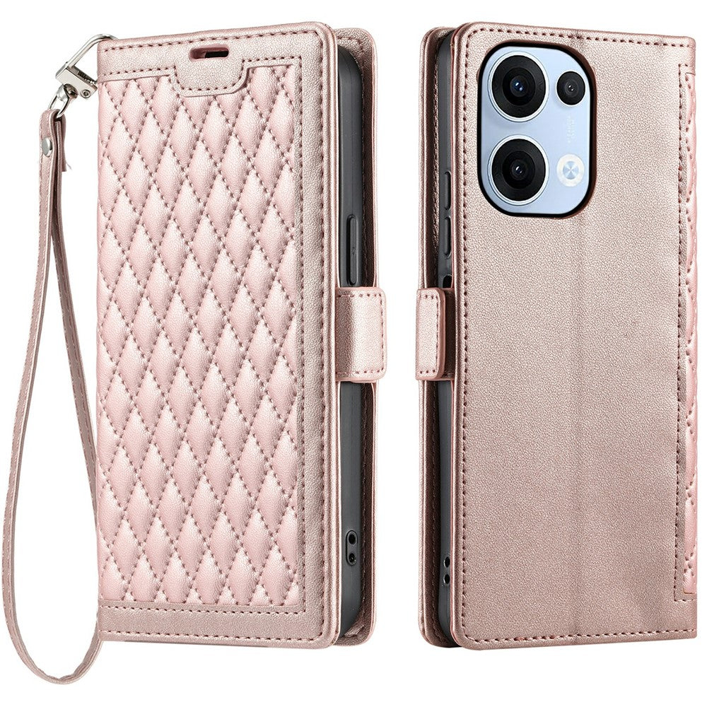 For Oppo Reno13 5G (Global) Leather Case Rhombus Texture Wallet Stand Phone Cover with Wrist Strap