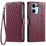 For Oppo Reno13 5G (Global) Leather Case Rhombus Texture Wallet Stand Phone Cover with Wrist Strap