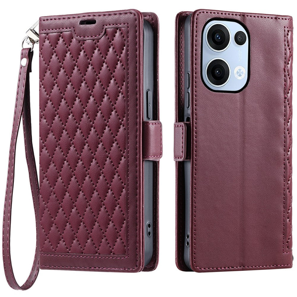 For Oppo Reno13 5G (Global) Leather Case Rhombus Texture Wallet Stand Phone Cover with Wrist Strap