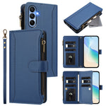 Läderfodral för Samsung Galaxy A15 4G / Galaxy A15 5G, 9 kortfack, dragkedja, plånboksfodral med handledsrem