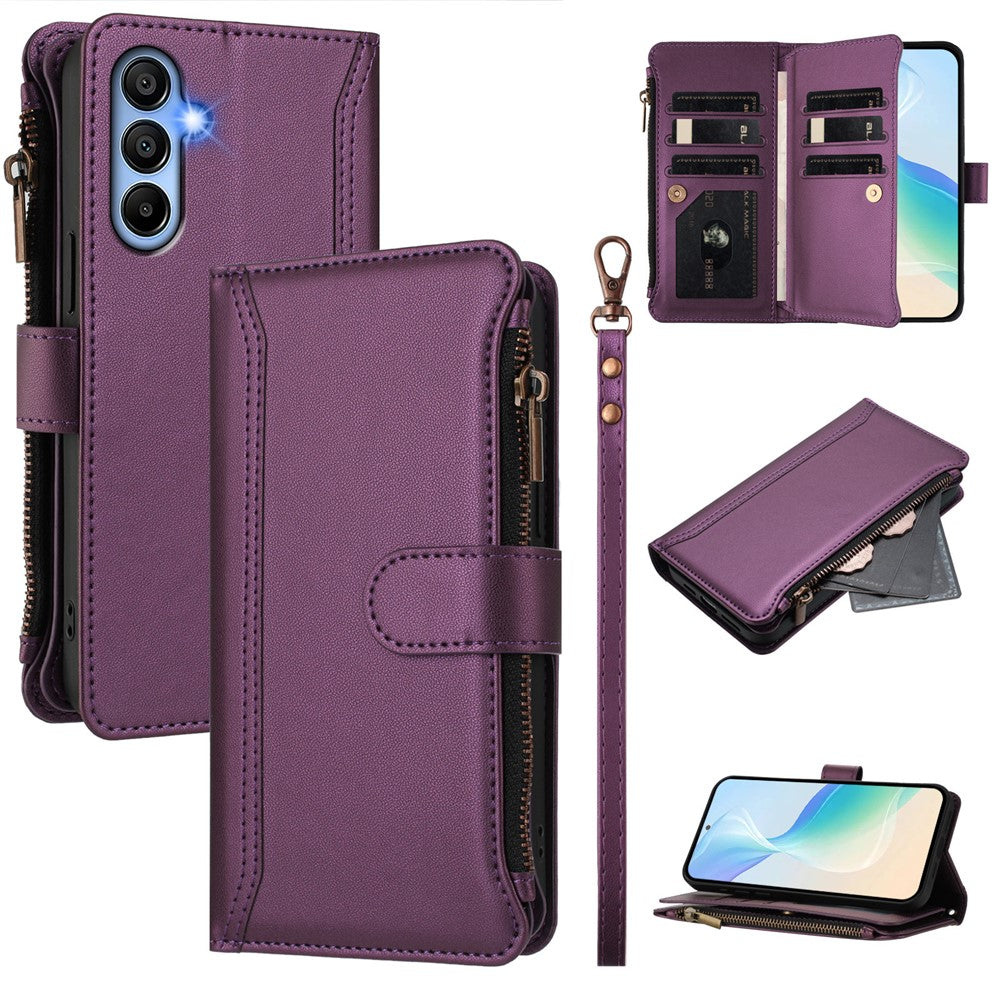 Läderfodral för Samsung Galaxy A15 4G / Galaxy A15 5G, 9 kortfack, dragkedja, plånboksfodral med handledsrem