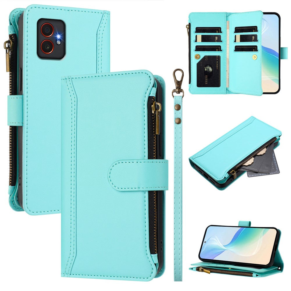 Til Samsung Galaxy XCover7 Pro læderetui med 9 kortlommer, lynlåspung, standfunktion og håndrem
