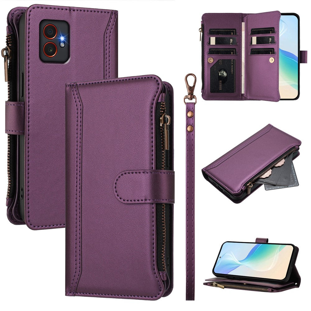 Til Samsung Galaxy XCover7 Pro læderetui med 9 kortlommer, lynlåspung, standfunktion og håndrem