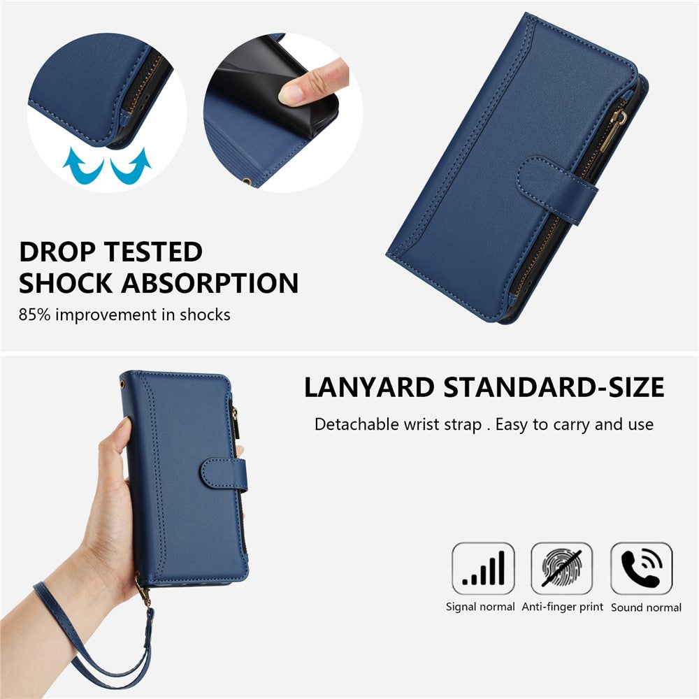 För Samsung Galaxy Xcover7 Läderfodral 9 Kortplatser Dragkedja Plånbok Stativ Mobilskal med Handledsrem