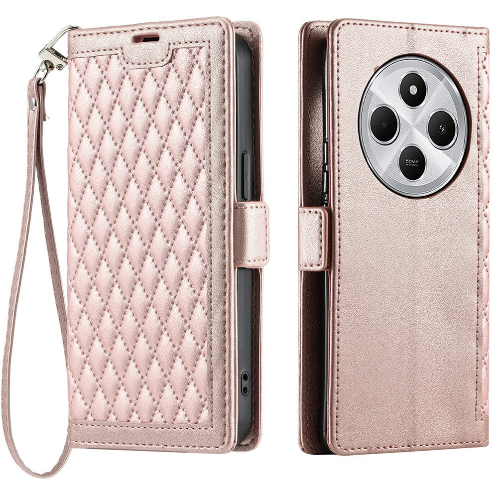 Läderfodral för Xiaomi Redmi 17C 4G / 14C 5G / 14C 4G / 14R 5G / Poco C75 4G Rombstruktur Plånboksfodral med stativ och handledsrem