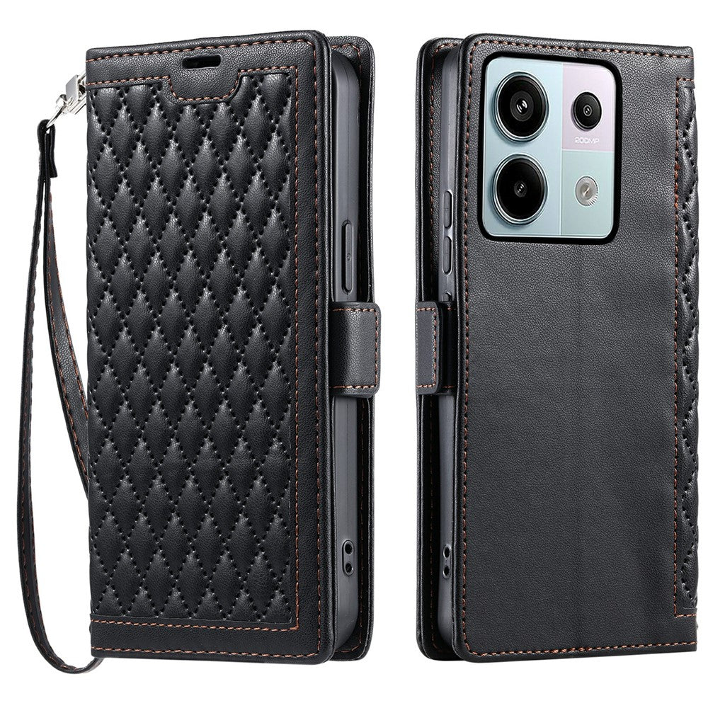 For Xiaomi Redmi Note 13 Pro 5G  /  Poco X6 5G Leather Case Rhombus Texture Wallet Stand Phone Cover with Wrist Strap