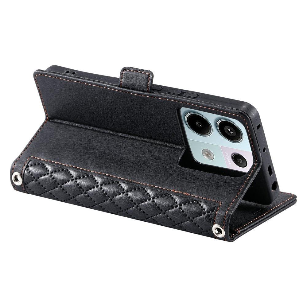 For Xiaomi Redmi Note 13 Pro 5G  /  Poco X6 5G Leather Case Rhombus Texture Wallet Stand Phone Cover with Wrist Strap