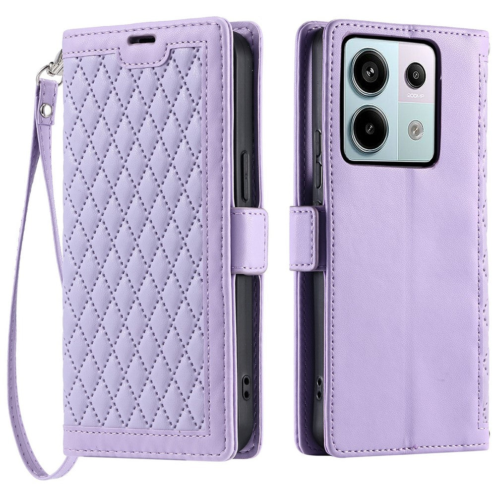 For Xiaomi Redmi Note 13 Pro 5G  /  Poco X6 5G Leather Case Rhombus Texture Wallet Stand Phone Cover with Wrist Strap