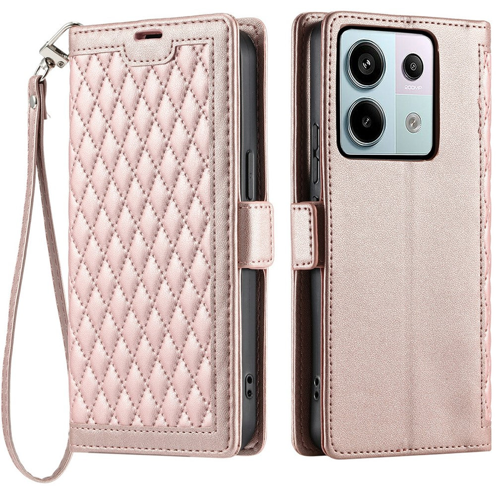 For Xiaomi Redmi Note 13 Pro 5G  /  Poco X6 5G Leather Case Rhombus Texture Wallet Stand Phone Cover with Wrist Strap