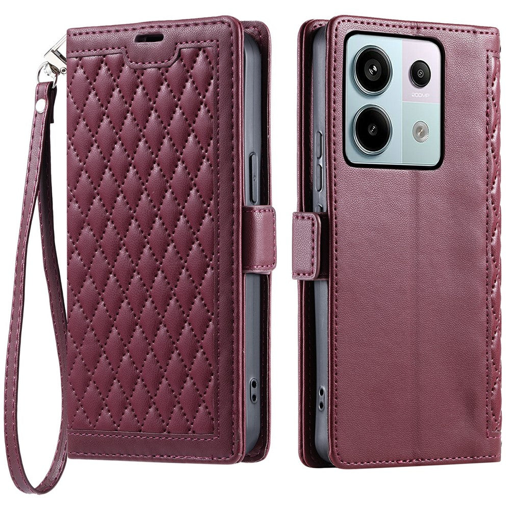 For Xiaomi Redmi Note 13 Pro 5G  /  Poco X6 5G Leather Case Rhombus Texture Wallet Stand Phone Cover with Wrist Strap