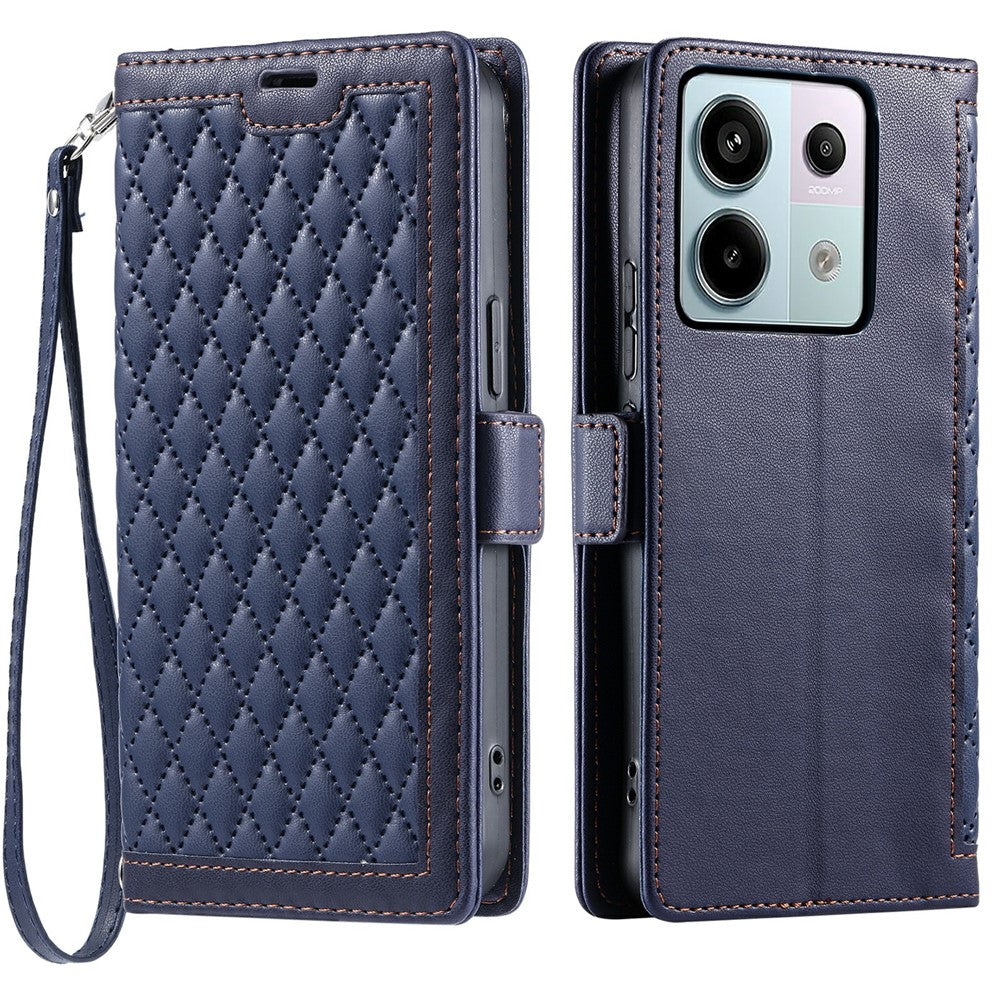 For Xiaomi Redmi Note 13 Pro 5G  /  Poco X6 5G Leather Case Rhombus Texture Wallet Stand Phone Cover with Wrist Strap