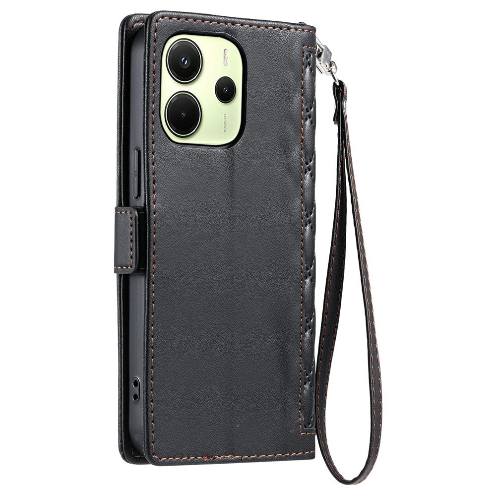 Xiaomi Redmi Note 14 4G (164,84 mm) Läderfodral med Rhombus-textur, Plånboksfodral med stativ och handledsrem