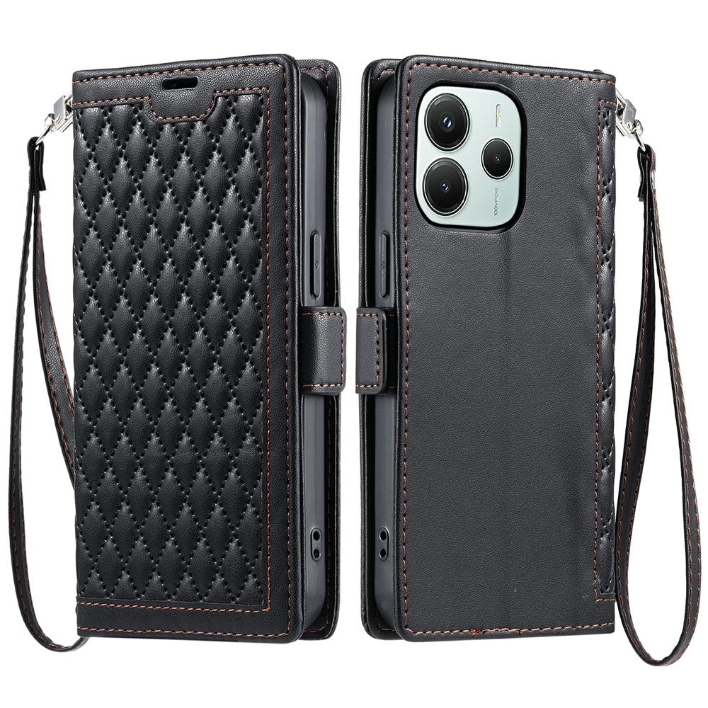 Xiaomi Redmi Note 14 5G Läderfodral Rhombus Texture Plånboksfodral med Handledsrem