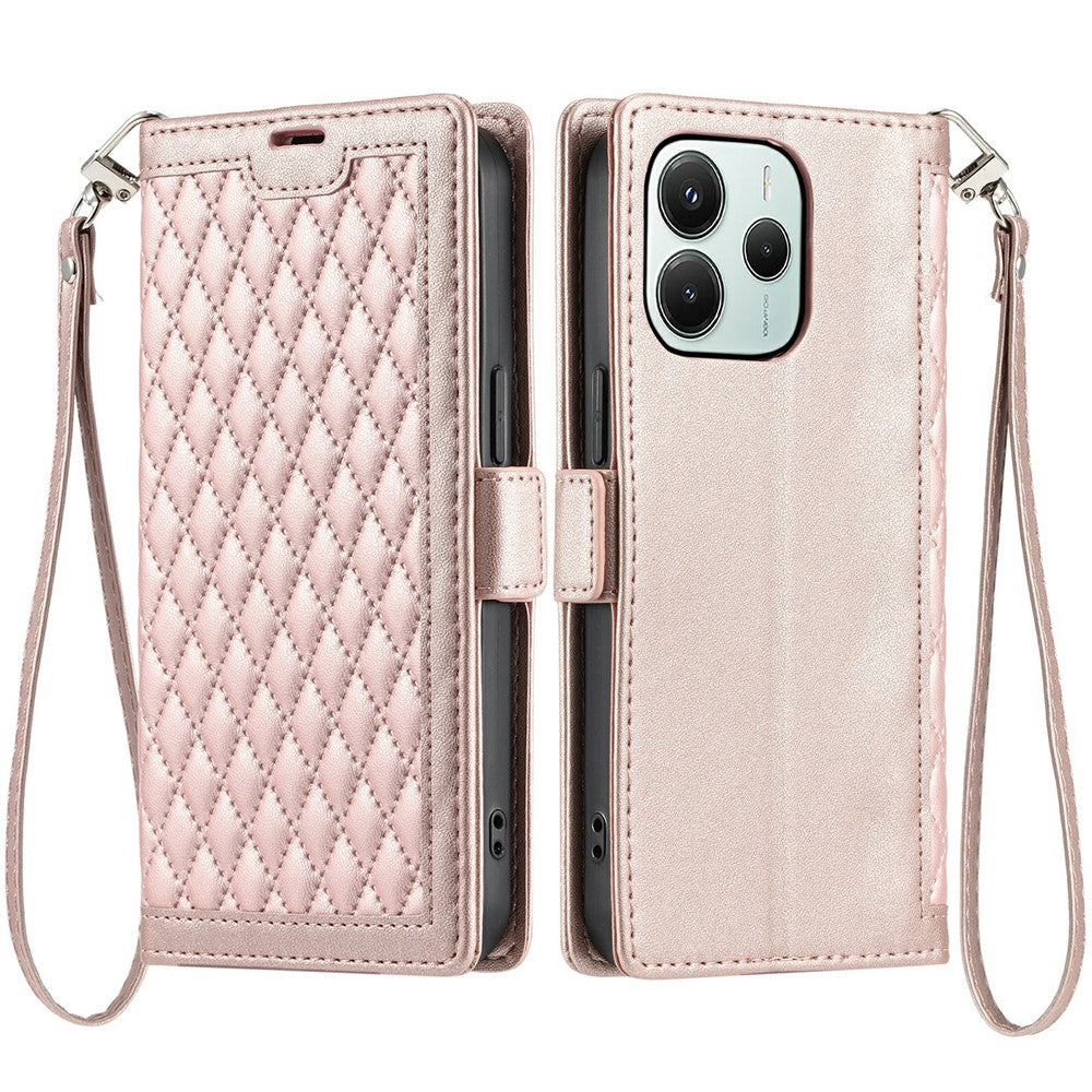Xiaomi Redmi Note 14 5G Läderfodral Rhombus Texture Plånboksfodral med Handledsrem