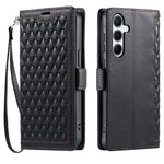 Pung-etui i læder med rhombus-tekstur og håndledsrem til Samsung Galaxy A15 5G / 4G