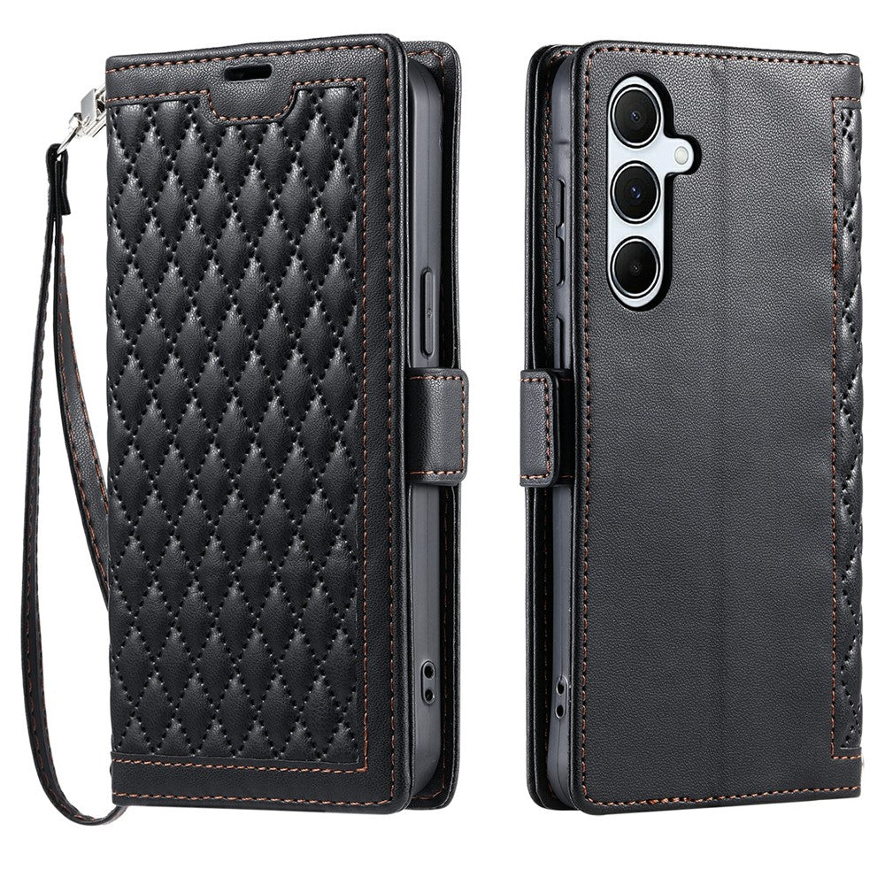 Pung-etui i læder med rhombus-tekstur og håndledsrem til Samsung Galaxy A15 5G / 4G