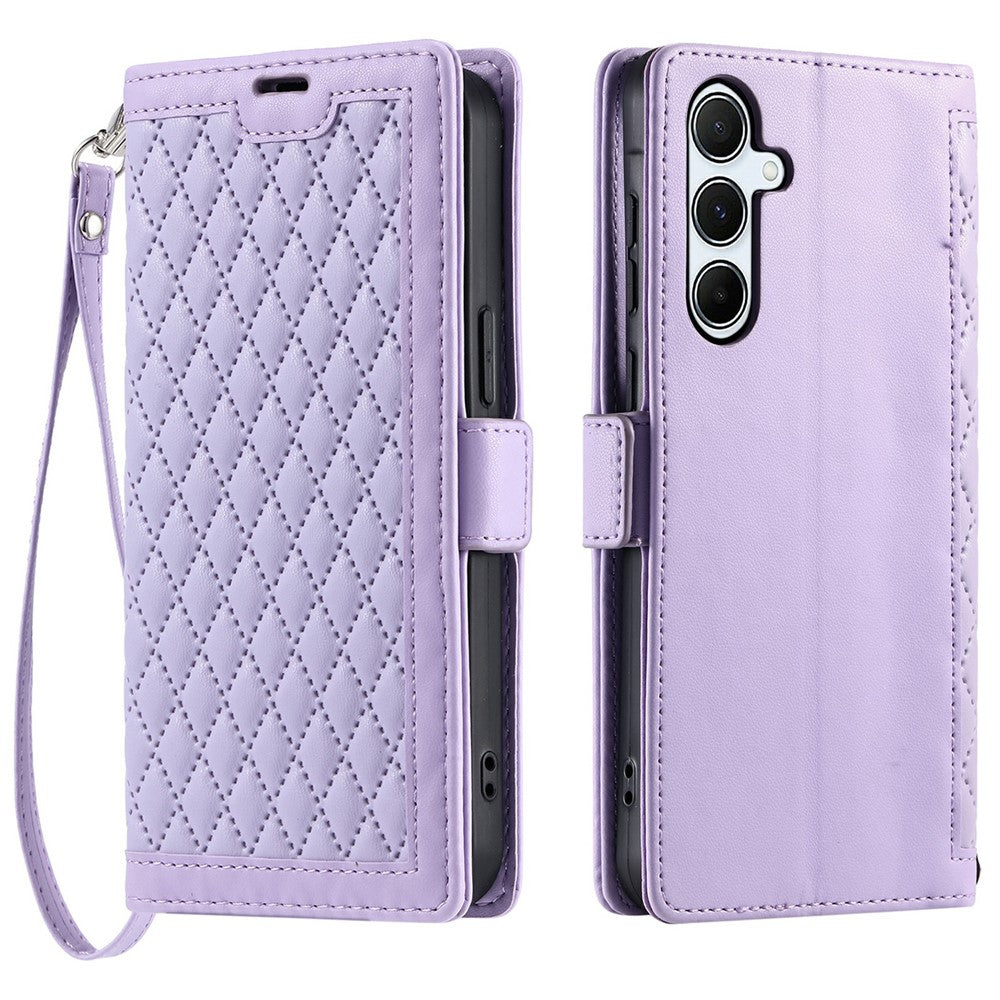 Pung-etui i læder med rhombus-tekstur og håndledsrem til Samsung Galaxy A15 5G / 4G
